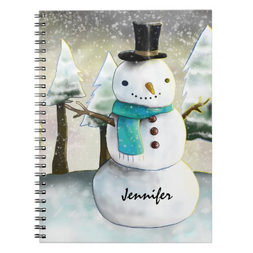 Whimsical Snowman in Winter Christmas Scene Notebook