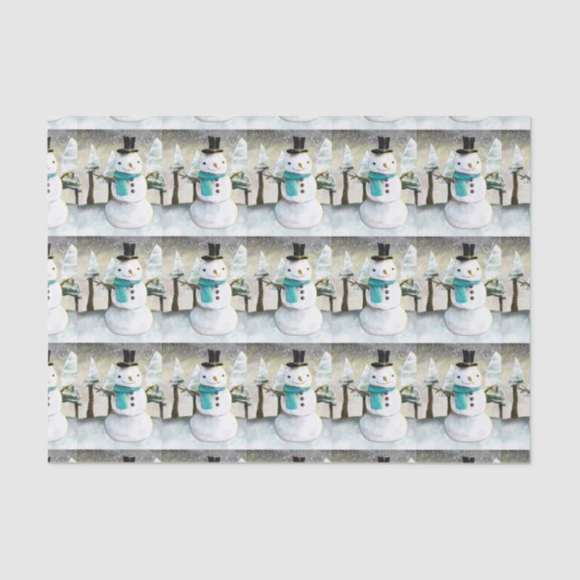 Whimsical Snowman in Winter Christmas Scene Tissue Paper (Front)