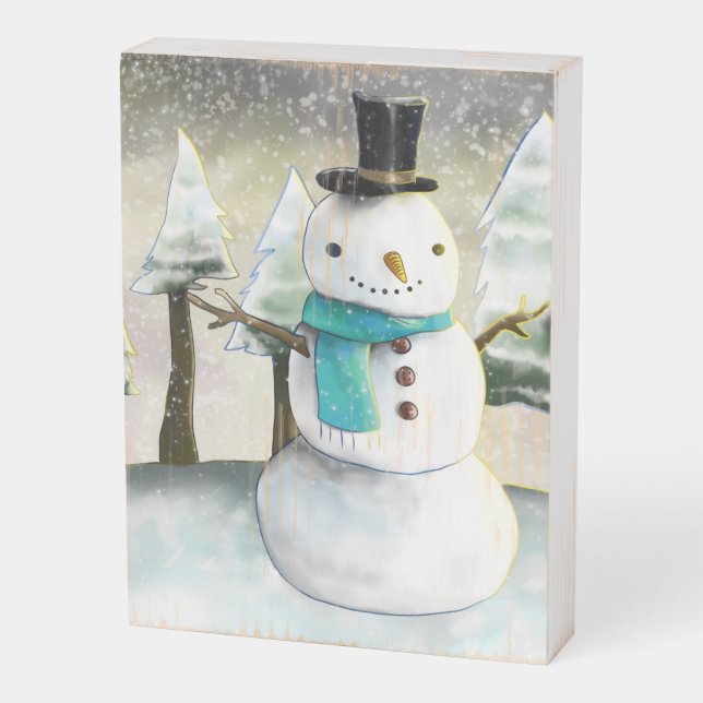 Whimsical Snowman in Winter Christmas Scene Wooden Box Sign (Angled Vertical)