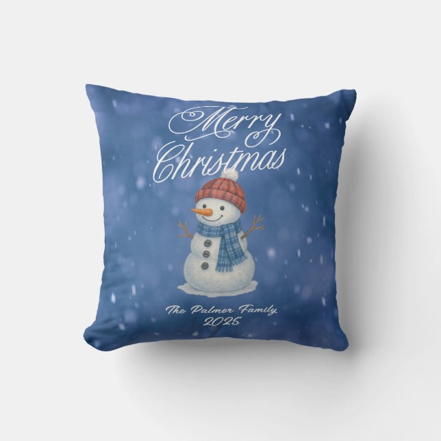 Whimsical Snowman Merry Christmas Throw Pillow (Front)