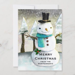 Whimsical Snowman Winter Scene Christmas Holiday Card