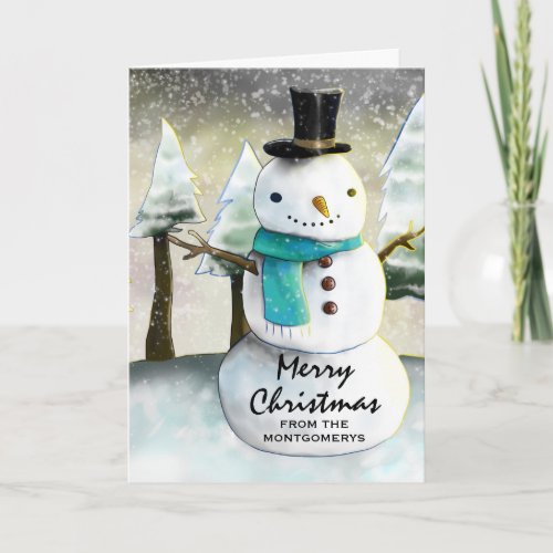 Whimsical Snowman Winter Scene Christmas Holiday Card