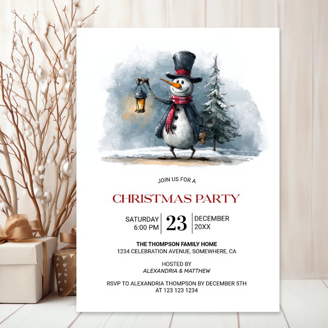 Whimsical Snowman with Lantern Christmas Party Invitation (Creator Uploaded)