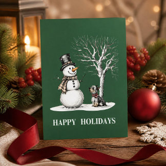 Whimsical Snowman & Yorkie Green Holiday Card