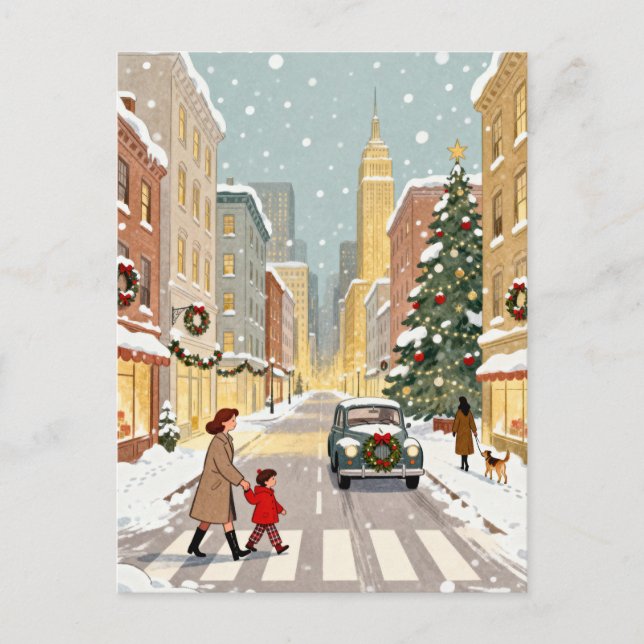 Whimsical Snowy City Street Christmas Postcard (Front)