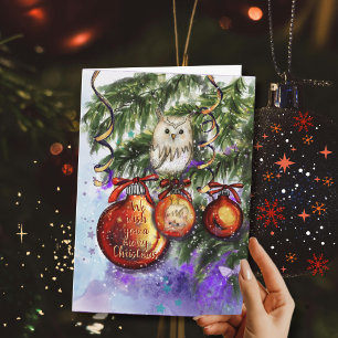 Whimsical Snowy Owl Christmas Ornament Holiday Card