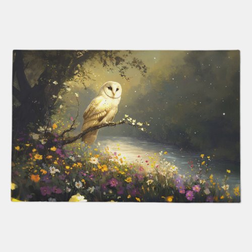 Whimsical Snowy White Owl Wildflowers Art Doormat