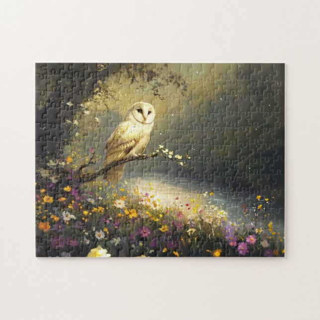 Whimsical Snowy White Owl Wildflowers Art Jigsaw Puzzle (Horizontal)