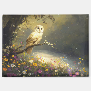 Whimsical Snowy White Owl Wildflowers Art Magnet