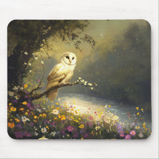 Whimsical Snowy White Owl Wildflowers Art Mouse Pad