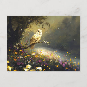 Whimsical Snowy White Owl Wildflowers Art Postcard