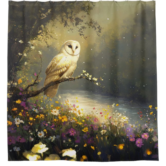 Whimsical Snowy White Owl Wildflowers Art Shower Curtain (Front)