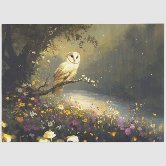 Whimsical Snowy White Owl Wildflowers Decoupage Tissue Paper (Front)