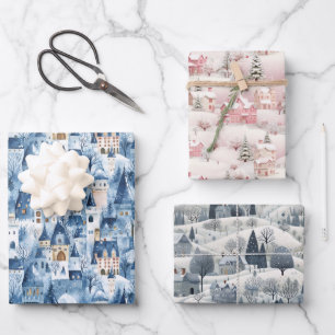 Whimsical Snowy Winter Village Holiday Pattern  Wrapping Paper Sheets