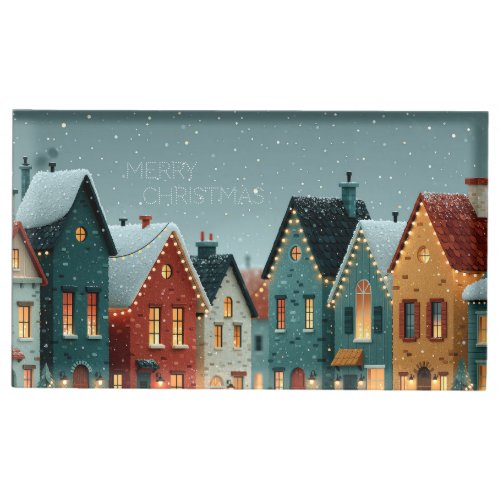Whimsical Snowy Winter Village Merry Christmas Place Card Holder