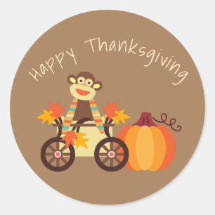 Whimsical Sock Monkey Thanksgiving Classic Round Sticker