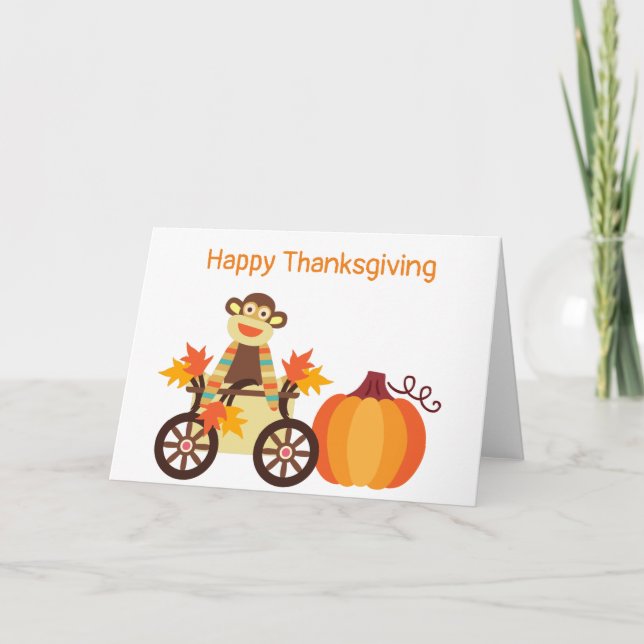 Whimsical Sock Monkey Thanksgiving Customizable Card (Front)
