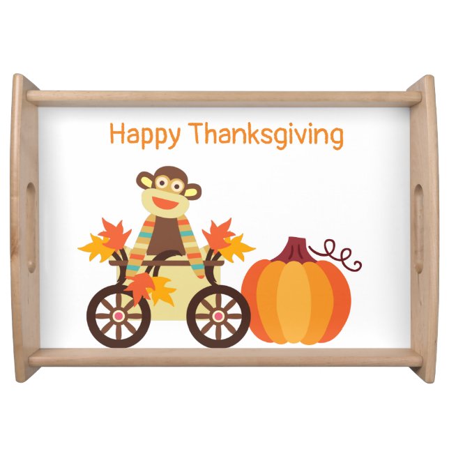 Whimsical Sock Monkey Thanksgiving Serving Tray (Front)