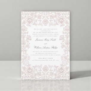 Whimsical Soft Pink Floral Bird Damask Wedding Invitation