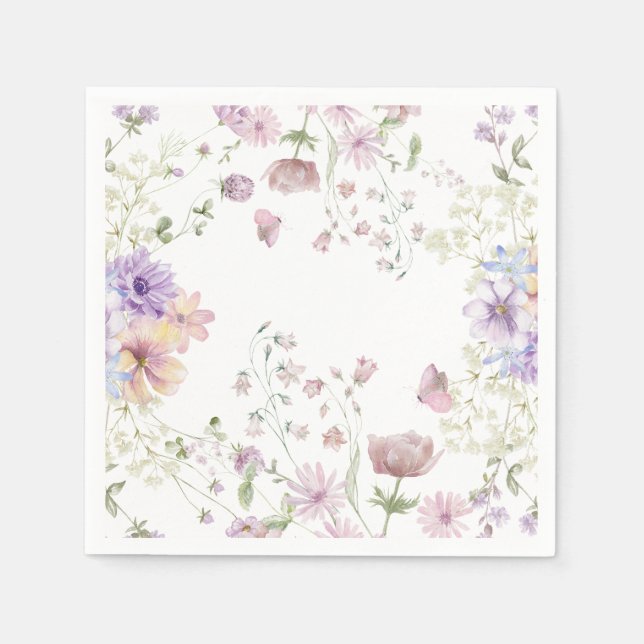 Whimsical Soft Wildflowers Cottage Garden Wedding  Napkins (Front)