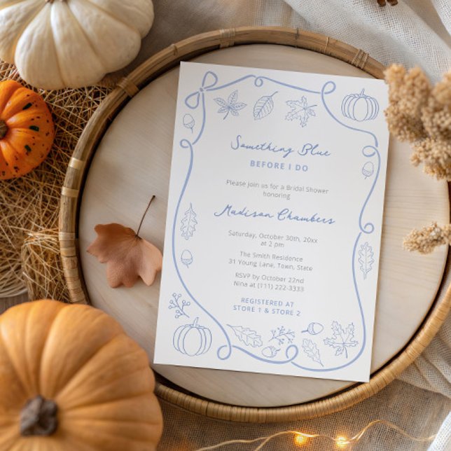 Whimsical Something Blue Before I Do Bridal Shower Invitation (Fall-theme Something Blue Wedding shower invitation with hand drawn Autumn leaves & handwritten font)