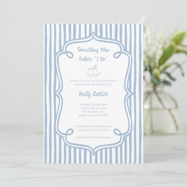 Whimsical Something Blue Bridal Shower Stripes Invitation (Standing Front)