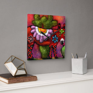 Whimsical Southwest Floral Talavera-Style Donkey Square Wall Clock