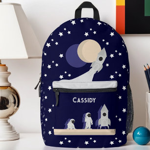Whimsical Space Astronaut Rocket Stars Kids Name Printed Backpack