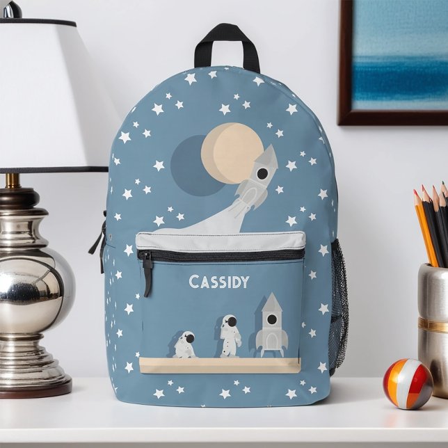 Whimsical Space Astronaut Rocket Stars Kids Name Printed Backpack (Get this personalized space-themed backpack! Simply add your child's name then add it to your cart.)