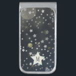 Whimsical Space Galaxy Stars Monogram Silver Finish Money Clip<br><div class="desc">Cool stars and planets space art money clip with personalised monogram star.</div>