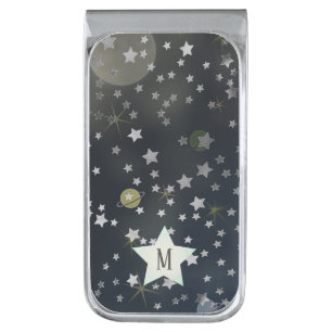 Whimsical Space Galaxy Stars Monogram Silver Finish Money Clip