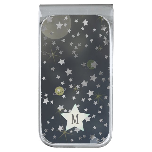 Whimsical Space Galaxy Stars Monogram Silver Finish Money Clip (Front Vertical)