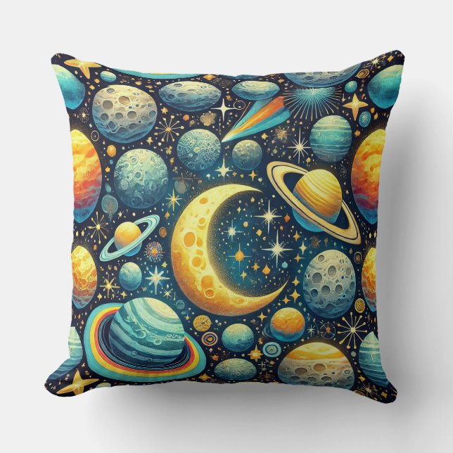 Whimsical space scene throw pillow (Front)