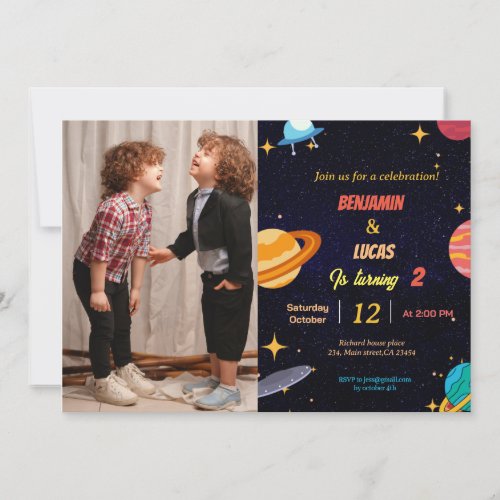 Whimsical Space twins boy birthday party  Invitation