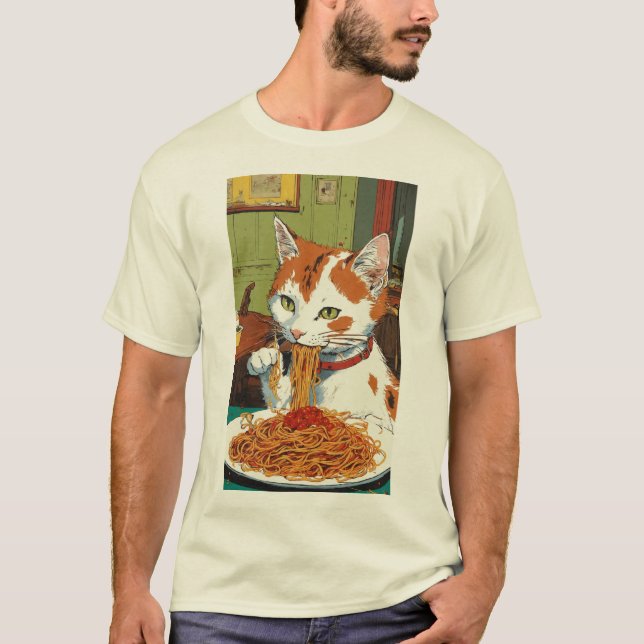 Whimsical Spaghetti Cat - Hergé-Inspired T-Shirt (Front)