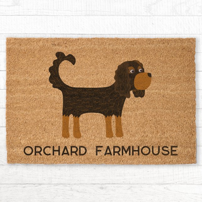 Whimsical Spaniel Dog Personalized Name Fiber Doormat (Cavalier King Charles spaniel dog personalized custom family name or house name fiber coir doormat)