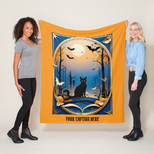 Whimsical spooky black cat themed customize text fleece blanket