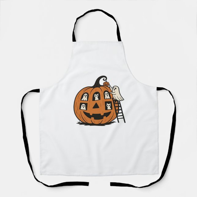 Whimsical Spooky Pumpkin with Ghosts, Cats & Hallo Apron (Front)