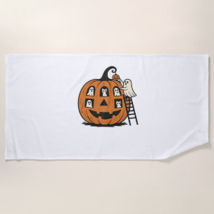Whimsical Spooky Pumpkin with Ghosts, Cats & Hallo Beach Towel