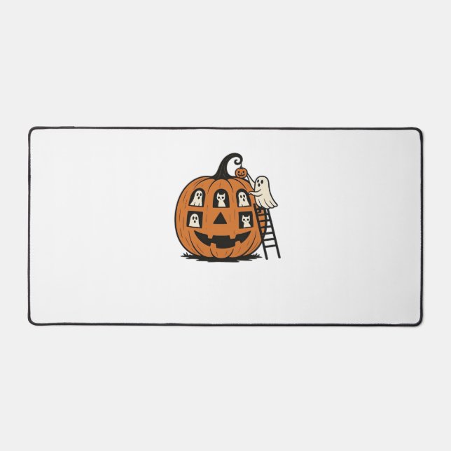 Whimsical Spooky Pumpkin with Ghosts, Cats & Hallo Desk Mat (Front)