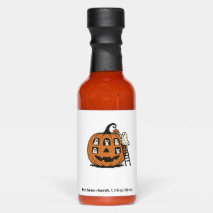 Whimsical Spooky Pumpkin with Ghosts, Cats & Hallo Hot Sauces