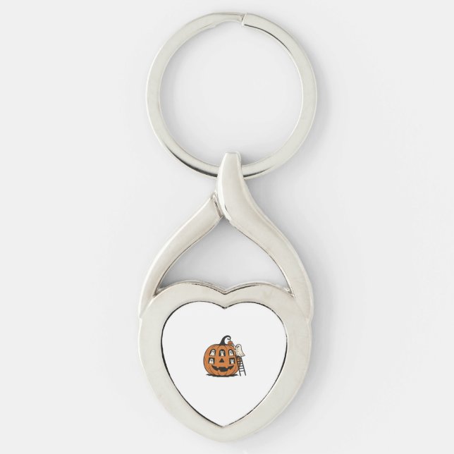 Whimsical Spooky Pumpkin with Ghosts, Cats & Hallo Keychain (Front)