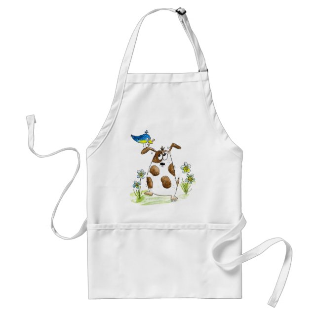 Whimsical Spotted Dog with Bird Adult Apron (Front)