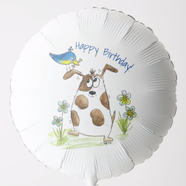 Whimsical Spotted Dog with Bird Balloon (Front)
