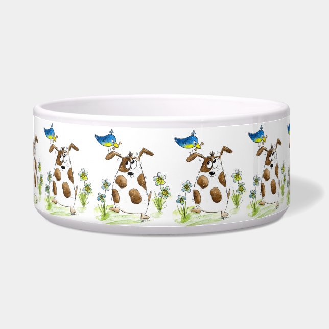 Whimsical Spotted Dog with Bird Bowl (Front)