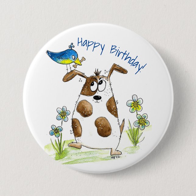 Whimsical Spotted Dog with Bird Button (Front)