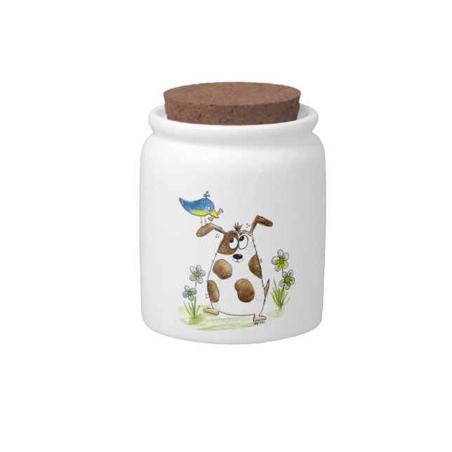 Whimsical Spotted Dog with Bird Candy Jar (Front)