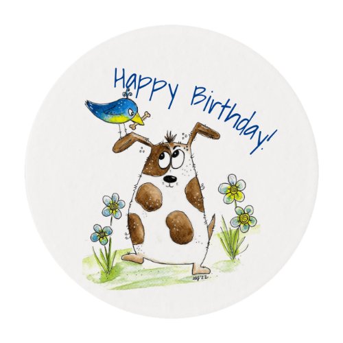 Whimsical Spotted Dog with Bird Edible Frosting Rounds