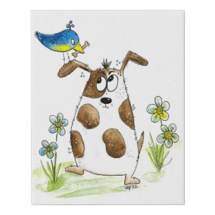 Whimsical Spotted Dog with Bird Faux Canvas Print