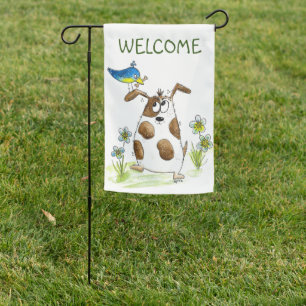 Whimsical Spotted Dog with Bird Garden Flag